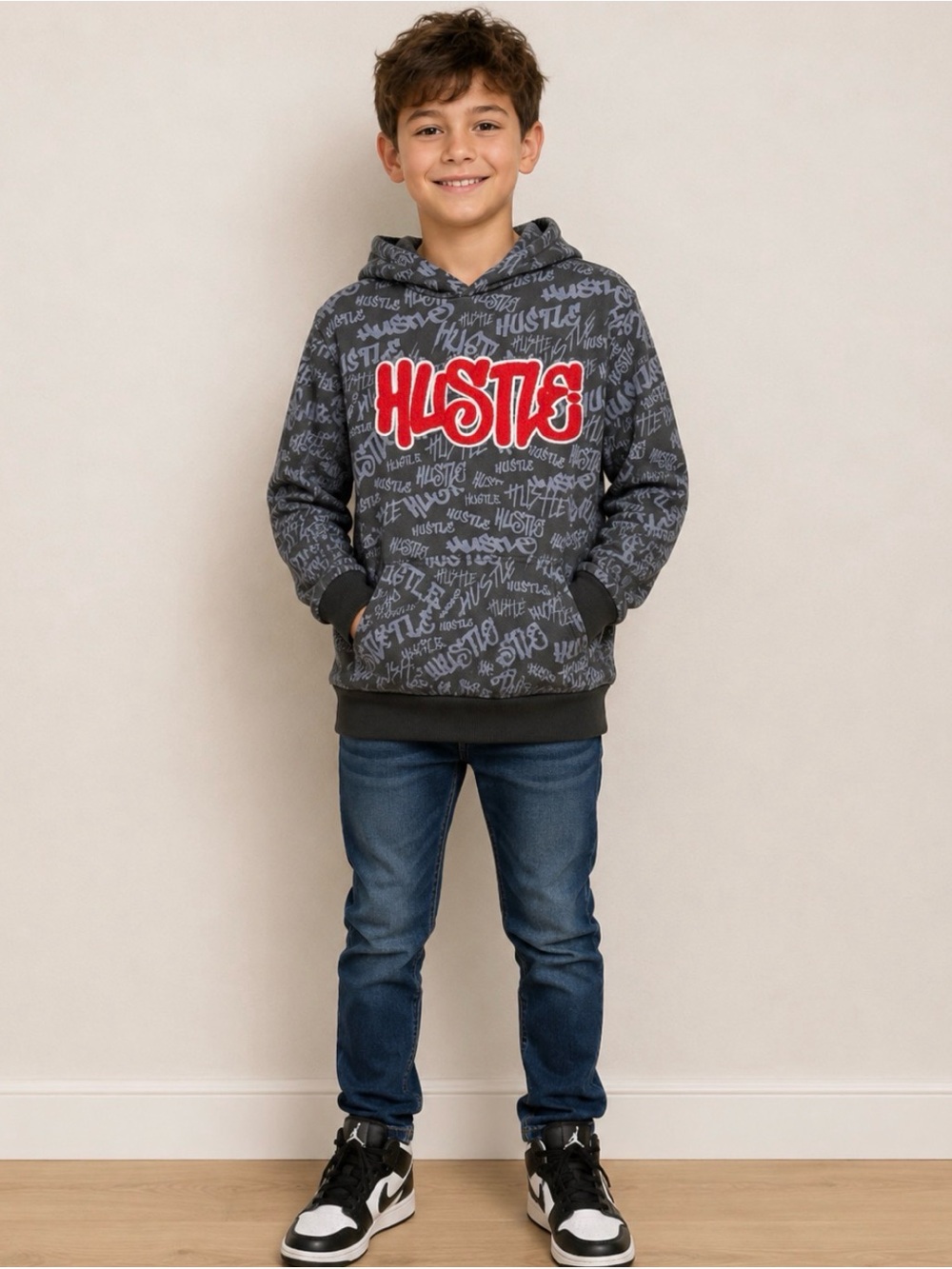 Prime Thread Hustle Hoodie Black & Gray All Over Graphic Print Youth Size 10/12